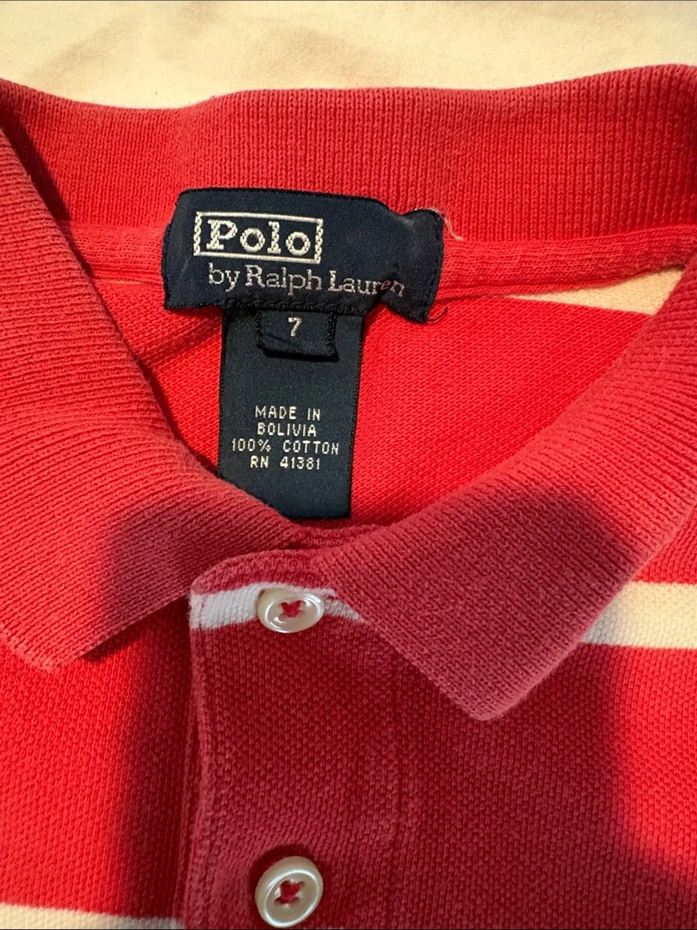 Ralph Lauren Boys’ Coral Red and White Striped Polo Shirt w Blue Horse Size 7
